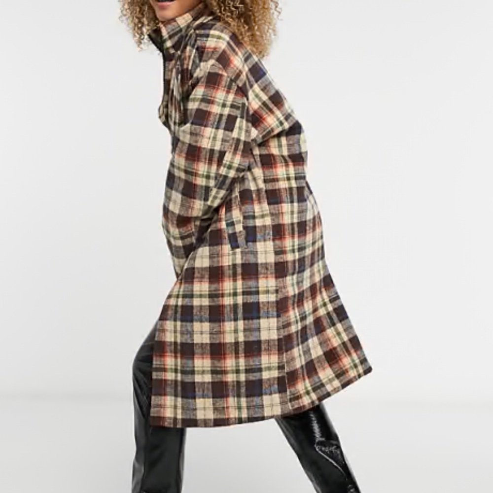 Davi & Dani Plaid Double Breasted Peacoat Overcoat Fall Flannel Shacket Size:1XL